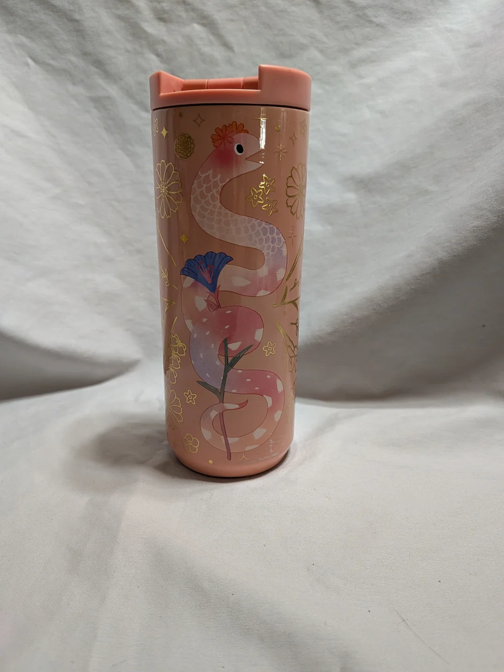 Starbucks 2020 Pink Stainless Steel Travel Tumbler – 12 oz – Gold Floral Design